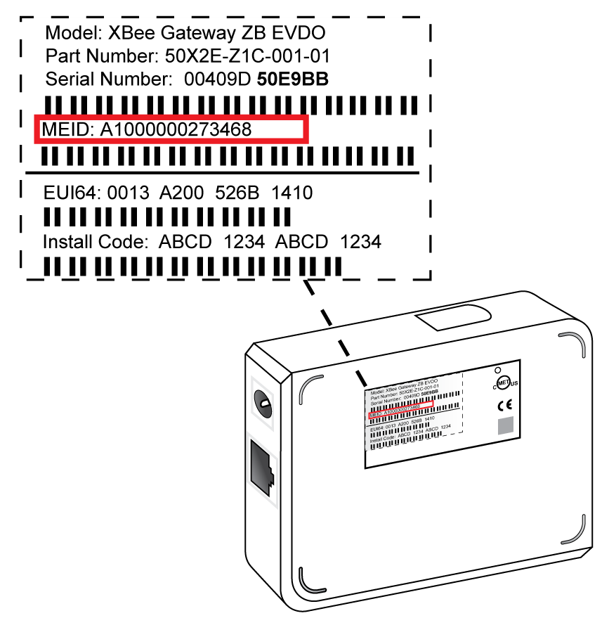 Location of the unique ID, called an MEID, on the product lable of the XBee Gateway Cellular device