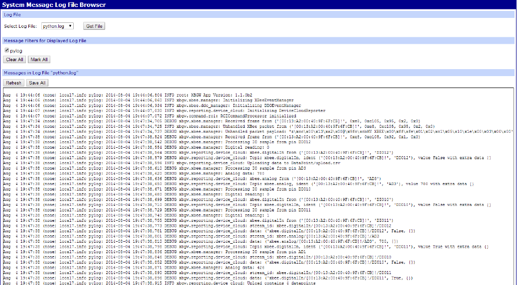 Example of the python.log file for an XBee Gateway with an XBee node configured for digital and analog I/O