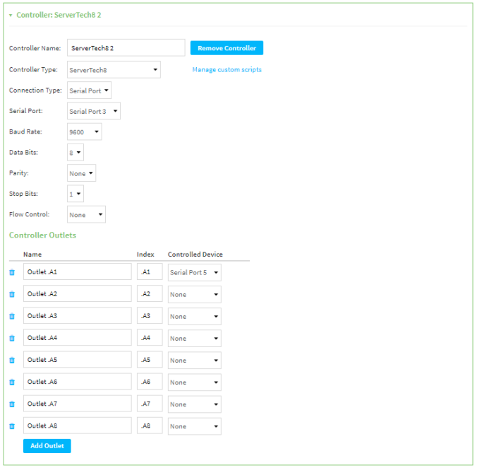 Configure the power controller and the outlets for use with a serial ...