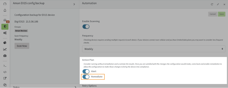 Screenshot of the Automate page with the Action plan section highlighted. The Remediate setting shows as enabled.