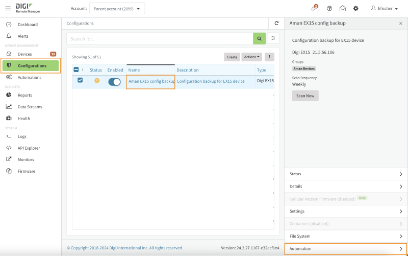 Screenshot of a Configurations template page. The name of a template is highlighted. The user can click the name to open a separate panel.  They can then click Automate to open the Automation page.