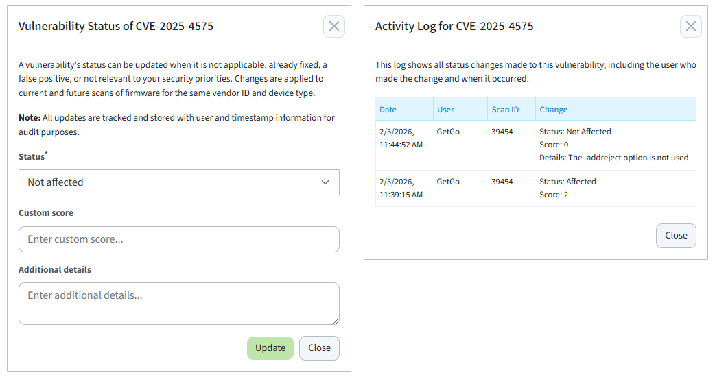 Change status and activity log dialogs