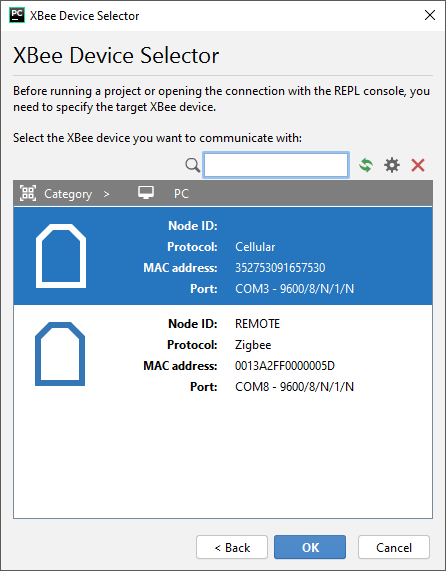 XBee device selector dialog