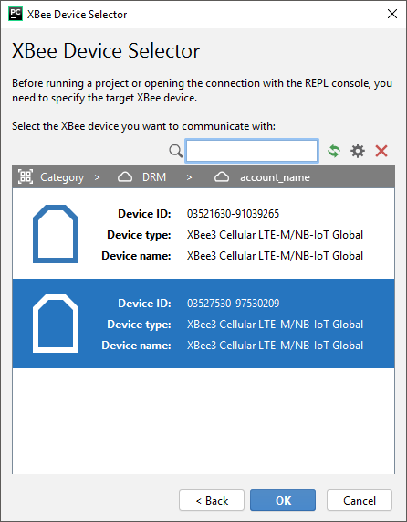 DRM XBee device selector dialog
