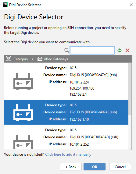 Gateway device selector dialog